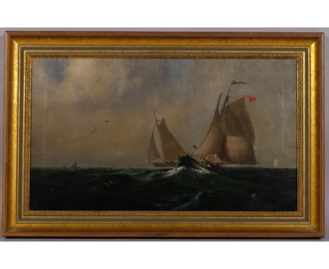 19th century marine scene, oil on canvas, unsigned, 37cm x 64cm, framedGood condition, 1 tiny patch repair not visible from t
