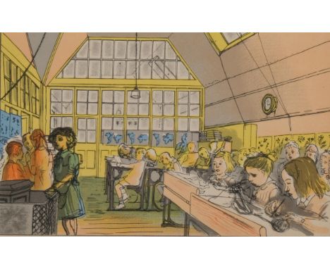 Edward Bawden (1903 - 1989), the junior school, colour lithograph published by Curwen Press 1949, image 9cm x 15cm, framedGoo