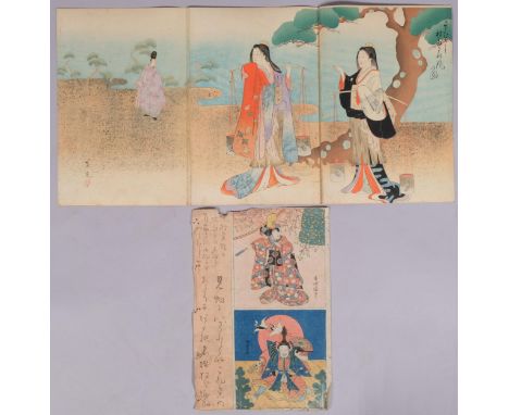 Japanese colour woodblock triptych, figures in gardens, 35cm x 23cm each, together with 1 other Japanese woodblock print, unf