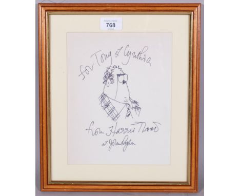 John Ryan (1925-1992), ink on paper, Portrait of Harris Tweed, signed with dedication to “Tony and Cynthia”, 23.5cm x 18.5cm,