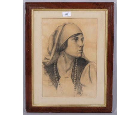 Attributed to William Rothenstein, portrait of a girl wearing a headscarf, charcoal, signed with monogram, 35cm x 25cm, frame