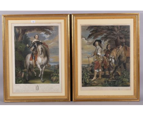 After Anthony Van Dyck, portrait of Francisco De Moncada, hand coloured engraving, 1793, image 55cm x 41cm, and portrait of K