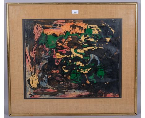 Mid 20th century abstract composition, mixed media on paper, indistinctly signed, 45cm x 55cm, together with a large print, a