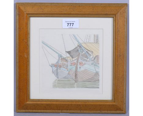 Edward Wadsworth (1889-1949), hand-coloured limited edition copper-plate engraving on paper, Adriatic Trabaccoli, from Sailin