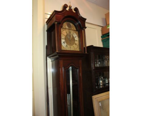 A George III style mahogany long case clock by E H Lawley and Sons Birmingham, with swan neck hood and chime/silent movement,