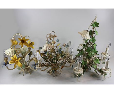 Three similar painted metal light chandeliers decorated with scrolling flowers and foliage, together with an opaque shell sha