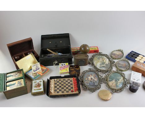 Table tenpin bowling game, chess, draughts, playing cards and various other items in case