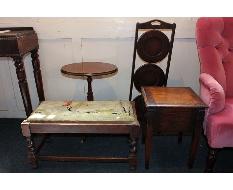 An oak tapestry seated stool, 64cm, a sewing box table, mahogany tripod wine table and a folding cake stand (4)