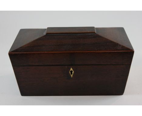 A 19th century rosewood two division tea caddy with recess for blending bowl and hinged top, 30cm by 15cm