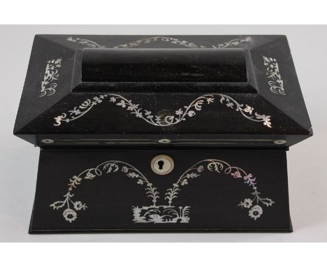 A  Victorian mother of pearl inlaid tea caddy with scrolling flower decoration and hinged top, with divided interior, 24cm by