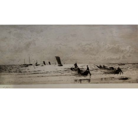 WILLIAM LIONEL WYLLIE, RA (1851-1931) COBLES AT NEWBIGGIN Etching, signed 21 x 48.5cm. ++ Good condition