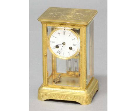 FRENCH FOUR PANE MANTEL CLOCK, late 19th century, the 2 3/4" enamelled dial inscribed Hry Marc, Paris, on a brass, eight day 