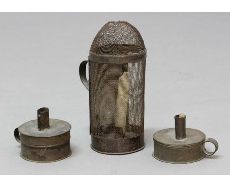 TWO TOLEWARE TINDER BOXES, of cylindrical form, together with a mesh lantern (3)