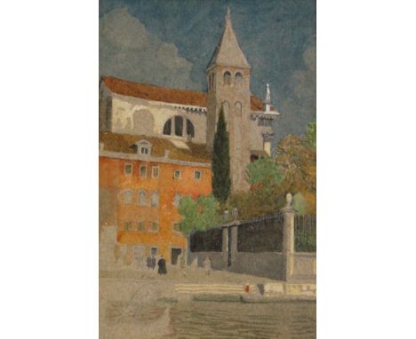 JOSEPH EDWARD SOUTHALL, RWS (1861-1945) STUDY FOR `THE TOWER OF SAN VITALE, VENICE` (c.1937) Watercolour and pencil 16 x 10cm