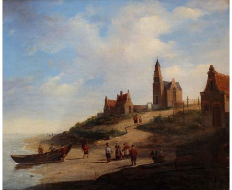 FOLLOWER OF JACOBUS VAN DER STOK (1795-1864) FISHERFOLK ON A BEACH NEAR A VILLAGE Oil on canvas 32 x 39cm. ++ Patched repair 