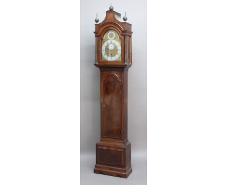 MAHOGANY LONGCASE CLOCK, the brass dial with a 11 1/2" matted silver chapter ring and subsidiary seconds dial and vacant date