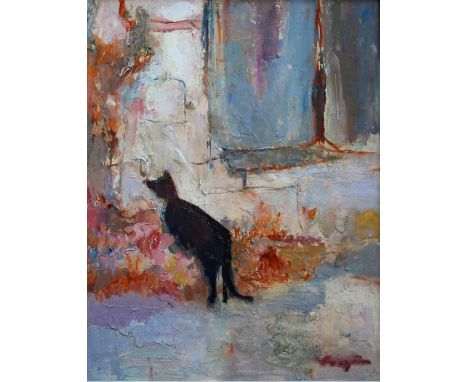 •LUCETTE DE LA FOUGERE (1921-2010) CHATTE PROVENCALE Signed indistinctly, titled on artist's label verso, oil on board 44 x 3