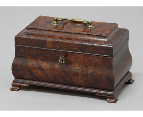 GEORGE III MAHOGANY TEA CADDY, of sarcophagus form, with brass handle and triple section interior, height 15cm, length 26cm, 