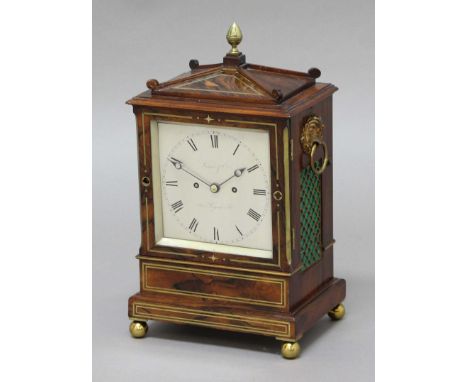 REGENCY ROSEWOOD AND BRASS INLAID BRACKET CLOCK, the square, silvered dial with 5 1/2" chapter ring inscribed Viner &amp; Co.