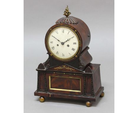 REGENCY MAHOGANY AND BRASS INLAID 'KEY HOLE' BRACKET CLOCK, the 5 1/2" enamelled dial on a brass, eight day twin fusee moveme