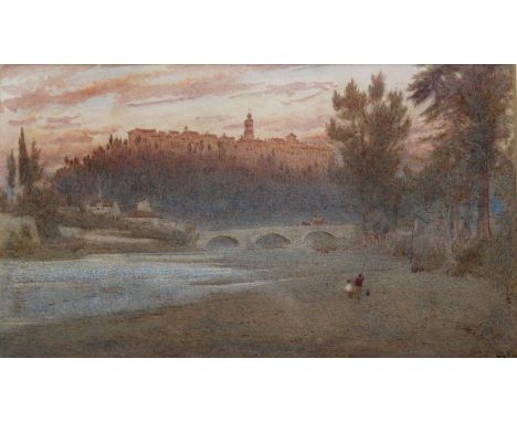 ALBERT GOODWIN, RWS (1845-1932) VIEW OF AN ITALIAN TOWN FROM THE BANKS OF A RIVER (POSSIBLY SORANO ON THE LENTE) Signed with 