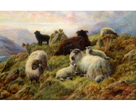 ROBERT WATSON (Fl.1877-1920) SHEEP ON A HIGHLAND CRAG AT SUNSET Signed and dated 1918, oil on canvas 59.5 x 89.5cm. ++ Lined;