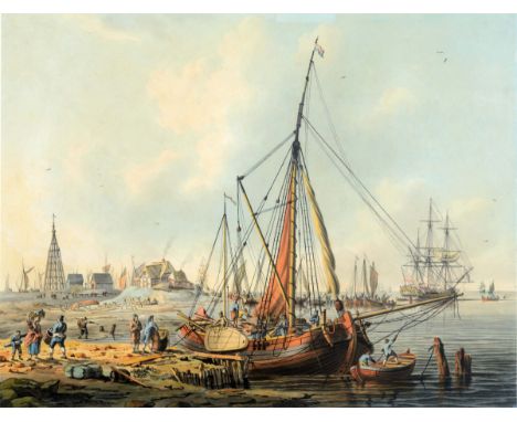 JOHN CLEVELEY THE YOUNGER (1747-1786) COASTAL SCENE WITH DUTCH FISHERFOLK AND BOATS Signed, watercolour with pen and ink 46 x