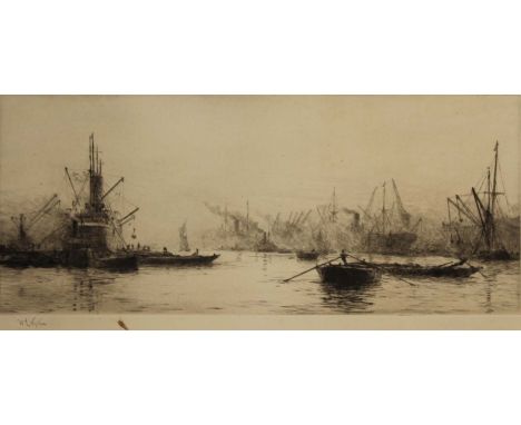 WILLIAM LIONEL WYLLIE, RA (1851-1931) ROYAL ALBERT DOCKS Etching, signed, unframed 14.7 x 34.5cm. ++ Very slight time stainin