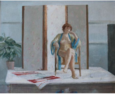 •TOM ESPLEY (1931-2016) NUDE IN AN INTERIOR Oil and pencil on canvas 40 x 50cm. ++ Needs only a very light clean