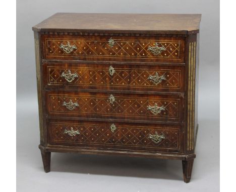 CONTINENTAL WALNUT AND BRASS INLAID COMMODE, 18th century, the canted top inlaid with a dotted diamond design above four draw