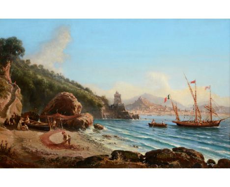 GIOVANNI SERRITELLI (1809-1882)THE BEACH OF VIETRI (AMALFI COAST) WITH THE ARECHI CASTLE IN SALERNO IN THE FOREGROUND Oil on 