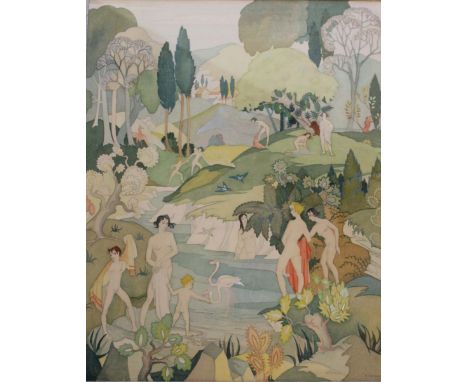 ANN HAYWOOD (Fl.1931-1938) THE BATHERS Signed and dated 1932, signed and inscribed on two labels on the new backboard, giving