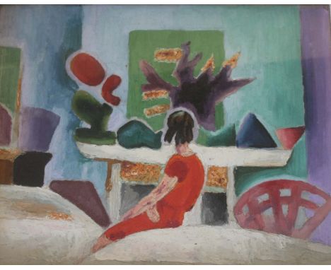 •JAMES WOOD (1889-1975) INTERIOR WITH FIGURE Oil on canvas 45.5 x 58.5cm. ++ Needs a light clean