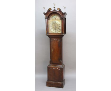 WELSH OAK LONGCASE CLOCK, the brass dial with 12" silvered chapter ring enclosing a seconds dial, beneath a moonphase and arc