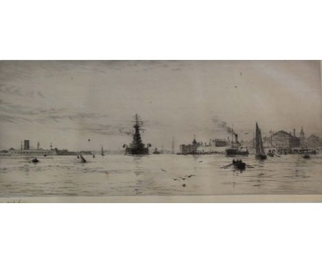 WILLIAM LIONEL WYLLIE, RA (1851-1931) THE ENTRANCE TO PORTSMOUTH HARBOUR, WITH FORT BLOCKHOUSE (HMS DOLPHIN), HMS VICTORY AND