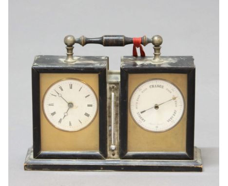 VICTORIAN DESK CLOCK AND ANEROID BAROMETER, the enamelled dials in gilt, engine turned surrounds and ebonised frames divided 