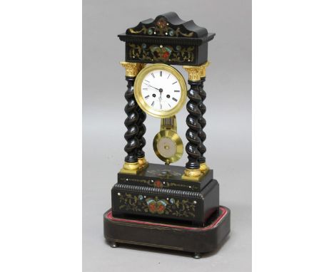 EBONISED, BRASS AND GILT METAL MOUNTED PORTICO CLOCK, 19th century, the 4" enamelled dial inscribed Thomas a Paris on a brass