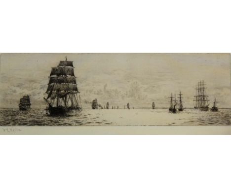 WILLIAM LIONEL WYLLIE, RA (1851-1931) FOUR MASTERS SETTING SAIL (SEA REACH WITH SHIPS AWAITING THEIR TURN TO ENTER THE UPPER 