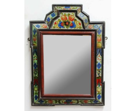 WILLIAM &amp; MARY STYLE VERRE EGLOMISE WALL MIRROR, of cushion form, the rectangular plate inside a floral painted frame on 