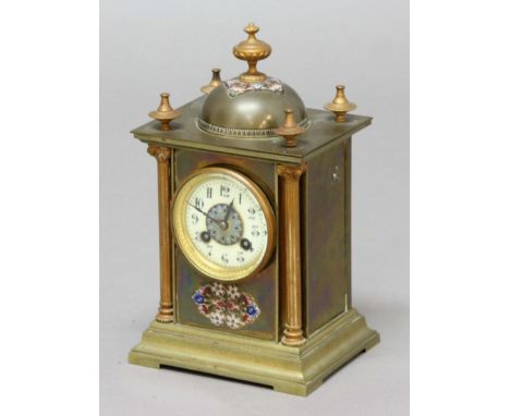 FRENCH BRASS AND ENAMELLED MANTEL CLOCK, late 19th century, the ivorine dial with a champleve centre on an eight day movement