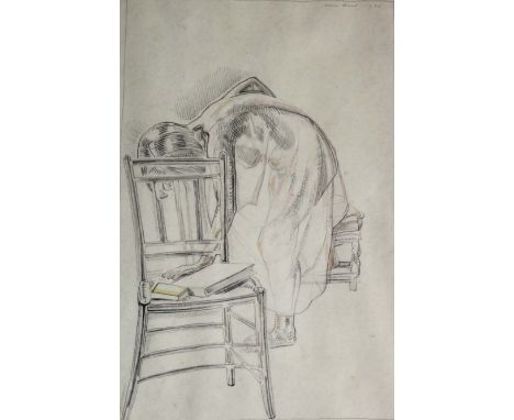 •JAMES WOOD (1889-1975) DRAPED MODEL, LEANING Signed and dated 1926, pencil with touches of watercolour 39 x 25cm. ++ Needs a