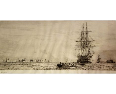 WILLIAM LIONEL WYLLIE, RA (1851-1931) HMS VICTORY IN PORTSMOUTH HARBOUR Etching, signed 21 x 48.5cm. ++ Paper slightly uneven