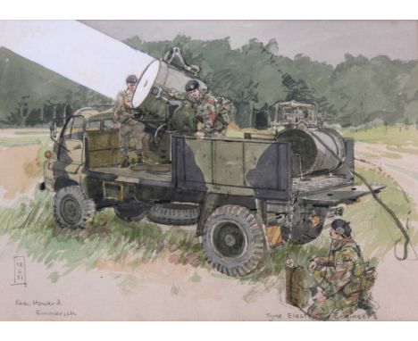 •KEN HOWARD, RA (b.1932) TYNE ELECTRICAL ENGINEERS: SPOT LIGHT ON A LORRY; REGIMENTAL PIPERS Two, both signed signed, dated 1