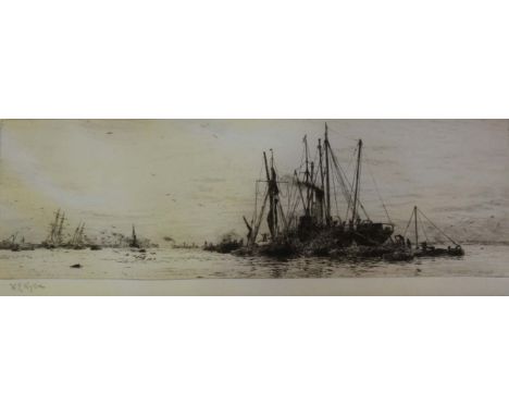 WILLIAM LIONEL WYLLIE, RA (1851-1931) UNLOADING CARGO ON THE THAMES AT PURFLEET Etching, signed 10.5 x 32.5cm. ++ Slight time