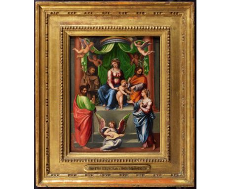 ATTRIBUTED TO INNOCENZO FRANCUCCI, CALLED DA IMOLA (c.1490-1550) VIRGIN AND CHILD ENTHRONED WITH SAINTS AND ANGELS Oil on pan