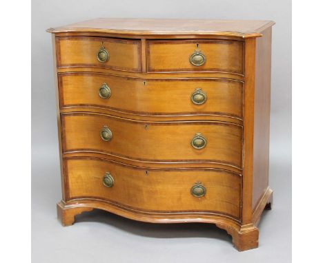GEORGE III STYLE SERPENTINE SATINWOOD AND CROSSBANDED COMMODE, with two short and three graduated, cockbeaded  drawers, heigh