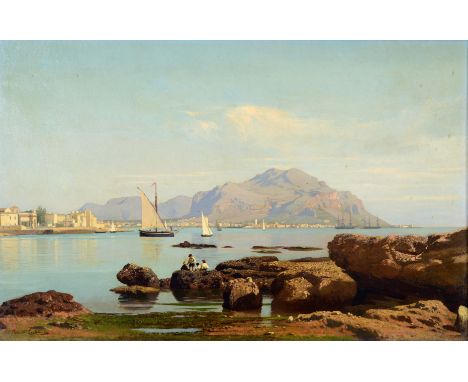 FRANCESCO LOJACONO (1838-1915) MONTE PELLEGRINO, BAY OF PALERMO, SICILY Signed, oil on canvas 48.5 x 75.5cm. * Lojacono was b