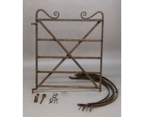 WROUGHT IRON KISSING GATE, with scrolling decoration and four bars, gate size 124cm x 102cm