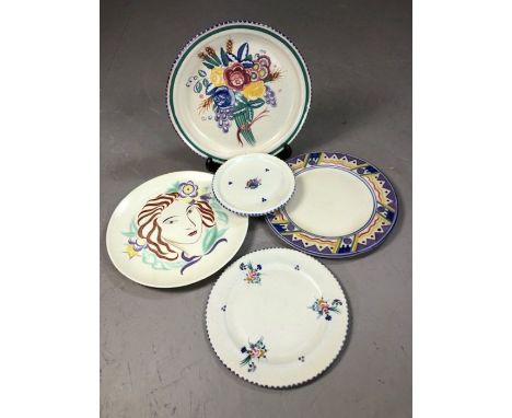 Poole Pottery: Collection of four 1920/30's plates by Carter Stabler and Adams and a Poole Pottery plate by Barbara Furstenho