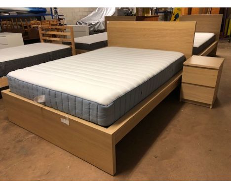 IKEA double light wood bed frame and mattress with matching two drawer bedside cabinet